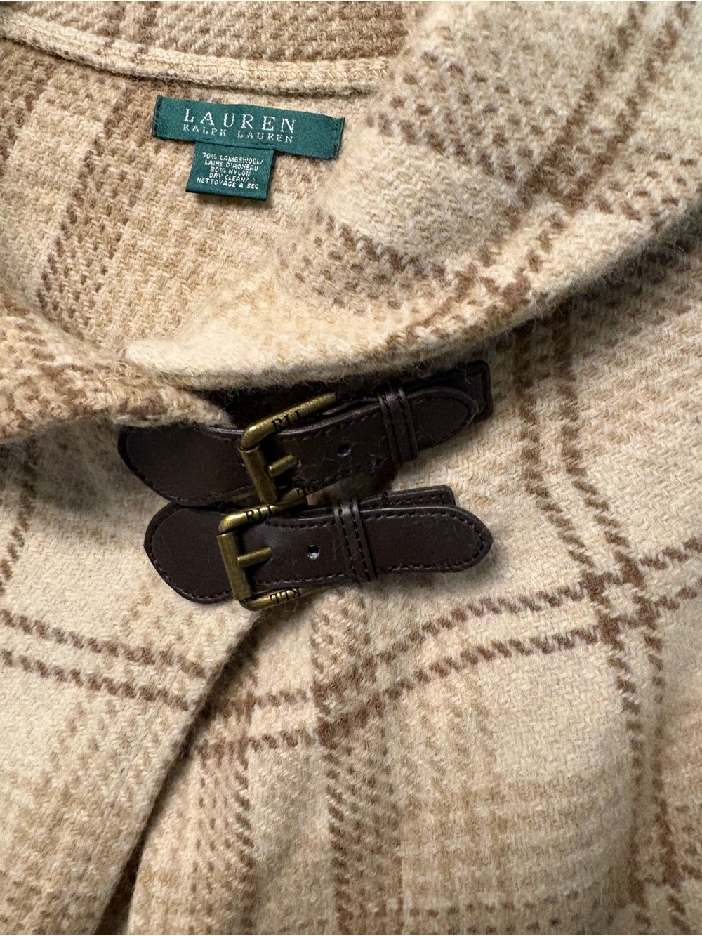 Vintage Lauren Ralph Lauren Made in Italy Plaid Lambswool Leather Buckle Cape - Picture 3 of 6